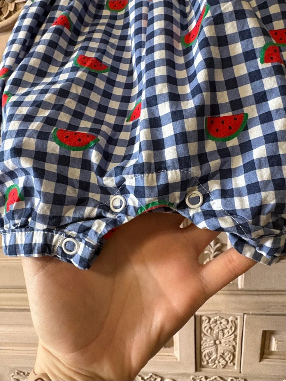 Navy & Blue Baby Rompers - Watermelon Gingham and Chambray Dot